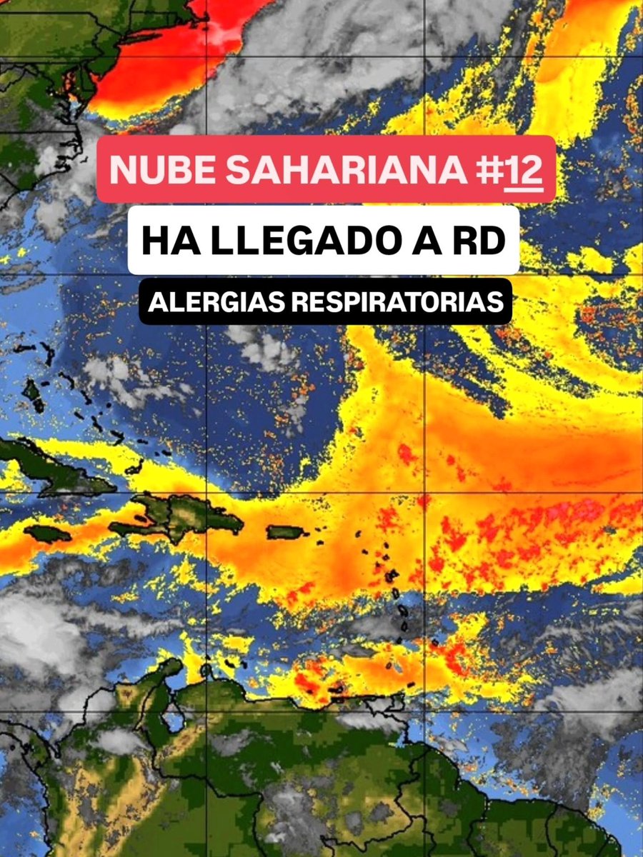 JeanSuriel's tweet photo. 🔴🔴ALERTA | Este fin de semana de los Padres en República Dominicana, transcurrirá muy caluroso debido a la llegada de una nube combinada de polvo sahariano y humo canadiense desde el Atlántico: las personas con procesos alérgicos deben redoblar las medidas preventivas para disminuir los efectos.

🔴Especialmente el domingo, Día de los Padres, la sensación térmica en el territorio dominicano oscilará entre los 40°C y 45°C: provincias como Dajabón, Monte Cristi, Santiago Rodríguez, Valverde y Elías Piña serán las más sofocantes durante los próximos días.

Sigue ⬇️