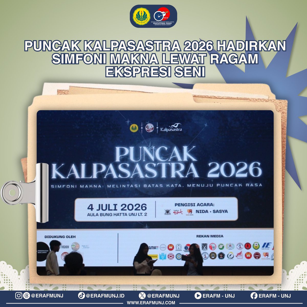 ERAFMUNJ's tweet photo. Edufriend!📚✨Puncak Kalpasastra 2026 sukses menghadirkan “Simfoni Makna” lewat perpaduan sastra, film, musik, teater, hingga musikalisasi puisi membuat karya terasa hidup dan bermakna.

Yuk, baca selengkapnya di sini!
https://t.co/TF8FNI4ULj

#ERANEWS #ERAFMUNJ #Kalpasastra2026 https://t.co/ogtRfZWxGJ