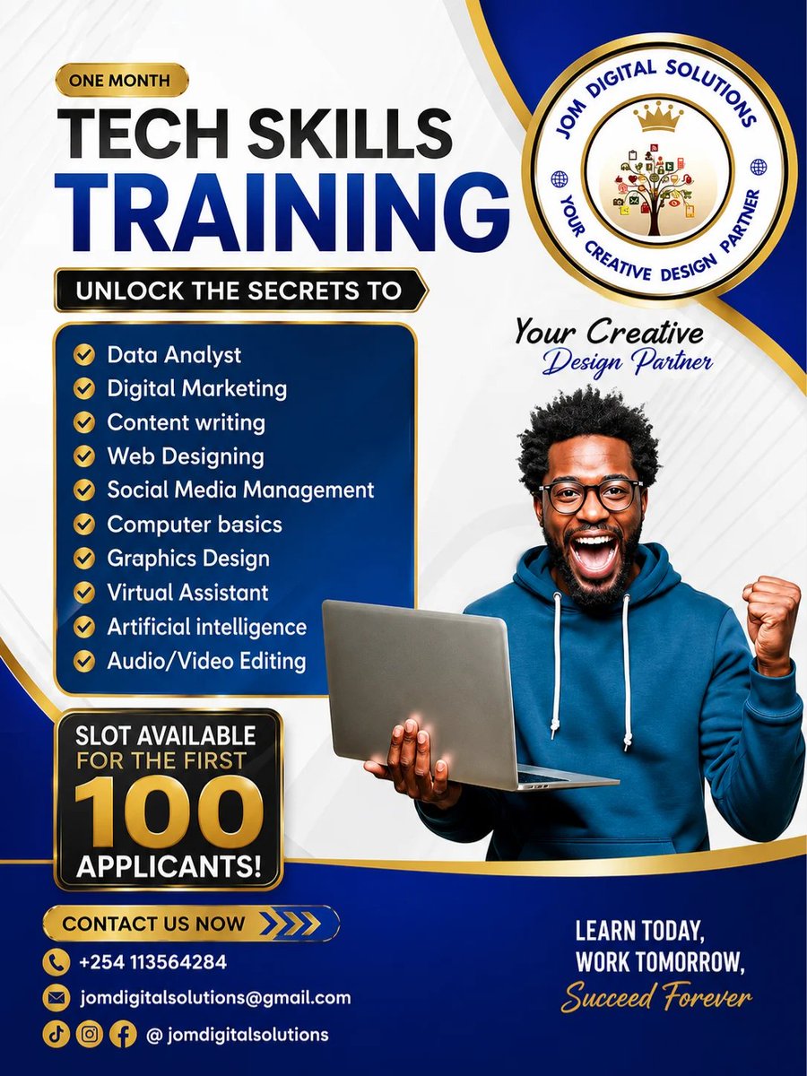 JomDigital73084's tweet photo. *Upgrade Your Future in Just ONE Month!* 💻

Learn high-demand tech skills

🔥 *Only the first 100 applicants will be enrolled!*

   Call/Whatsapp +254 113564284
📧 jomdigitalsolutions@gmail.com

#JOMDigitalsolution#GraphicbDesign https://t.co/lZyi6aCraY