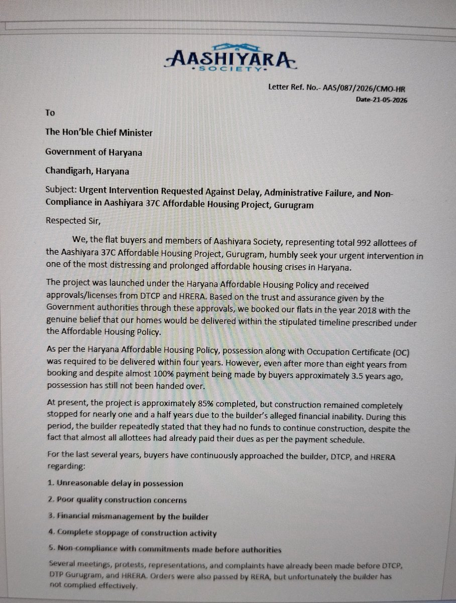 GoutamM41686321's tweet photo. For the past several years, we have repeatedly submitted genuine complaints on the Haryana CM Window Portal regarding our Affordable Housing Project Aashiyara 37C, Gurugram. Unfortunately, the replies from DTCP Gurugram contain incorrect and misleading statements. We have pointed out these inaccuracies multiple times, yet the same false replies are repeated without verification or corrective action.

If complaints are closed with copy-paste responses instead of proper investigation, public trust in the grievance redressal system is seriously damaged. We respectfully request the Hon'ble Chief Minister, PMO India, CMO Haryana, DC Gurugram, DTCP Haryana, and HARERA Gurugram to order an independent review of our complaints, fix accountability for false replies, and ensure that CM Window serves its true purpose of delivering justice to citizens. We also request all news channels in Delhi NCR and Gurugram, along with the Twitter/X accounts of Bharatiya Janata Party (@BJP4India), the Hon'ble Prime Minister (@narendramodi), the Chief Minister of Haryana (@cmohry), the Deputy Commissioner, Gurugram (@dc_gurugram), the Twitter/X account of Haryana Gurugram, DTCP Haryana (@DTCPHaryana), and the official Twitter/X account of Affordable Housing Project Haryana, to highlight this issue and help bring attention to the matter on Twitter/X and through our Twitter account.

#CMWindow #Haryana #Gurugram #DTCP #DTCPHaryana #HARERA #HARERAGurugram #PMOIndia #CMOHaryana #DCGurugram #AffordableHousing #Aashiyara37C #JusticeForHomeBuyers #DelhiNCR #NewsChannels #Twitter #TwitterAccount