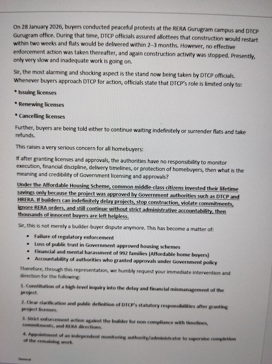 GoutamM41686321's tweet photo. For the past several years, we have repeatedly submitted genuine complaints on the Haryana CM Window Portal regarding our Affordable Housing Project Aashiyara 37C, Gurugram. Unfortunately, the replies from DTCP Gurugram contain incorrect and misleading statements. We have pointed out these inaccuracies multiple times, yet the same false replies are repeated without verification or corrective action.

If complaints are closed with copy-paste responses instead of proper investigation, public trust in the grievance redressal system is seriously damaged. We respectfully request the Hon'ble Chief Minister, PMO India, CMO Haryana, DC Gurugram, DTCP Haryana, and HARERA Gurugram to order an independent review of our complaints, fix accountability for false replies, and ensure that CM Window serves its true purpose of delivering justice to citizens. We also request all news channels in Delhi NCR and Gurugram, along with the Twitter/X accounts of Bharatiya Janata Party (@BJP4India), the Hon'ble Prime Minister (@narendramodi), the Chief Minister of Haryana (@cmohry), the Deputy Commissioner, Gurugram (@dc_gurugram), the Twitter/X account of Haryana Gurugram, DTCP Haryana (@DTCPHaryana), and the official Twitter/X account of Affordable Housing Project Haryana, to highlight this issue and help bring attention to the matter on Twitter/X and through our Twitter account.

#CMWindow #Haryana #Gurugram #DTCP #DTCPHaryana #HARERA #HARERAGurugram #PMOIndia #CMOHaryana #DCGurugram #AffordableHousing #Aashiyara37C #JusticeForHomeBuyers #DelhiNCR #NewsChannels #Twitter #TwitterAccount