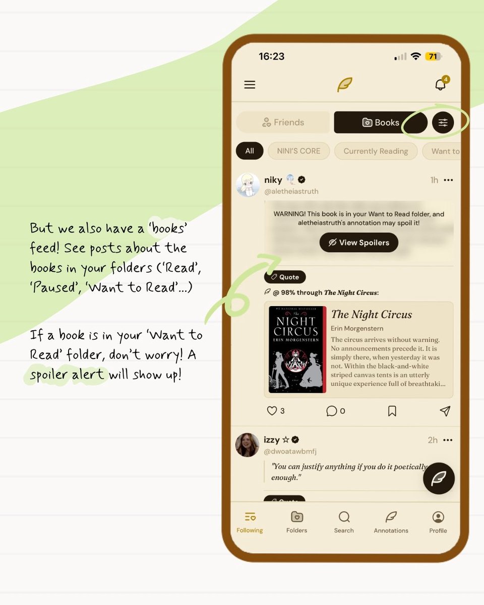 tryannotate's tweet photo. Have you ever noticed that Annotate has two feeds? 
One allows you to check up on your friends and their current reads, the other lets you see quotes and annotations about books in your folders!

#booktwt https://t.co/ddAIaykVYO