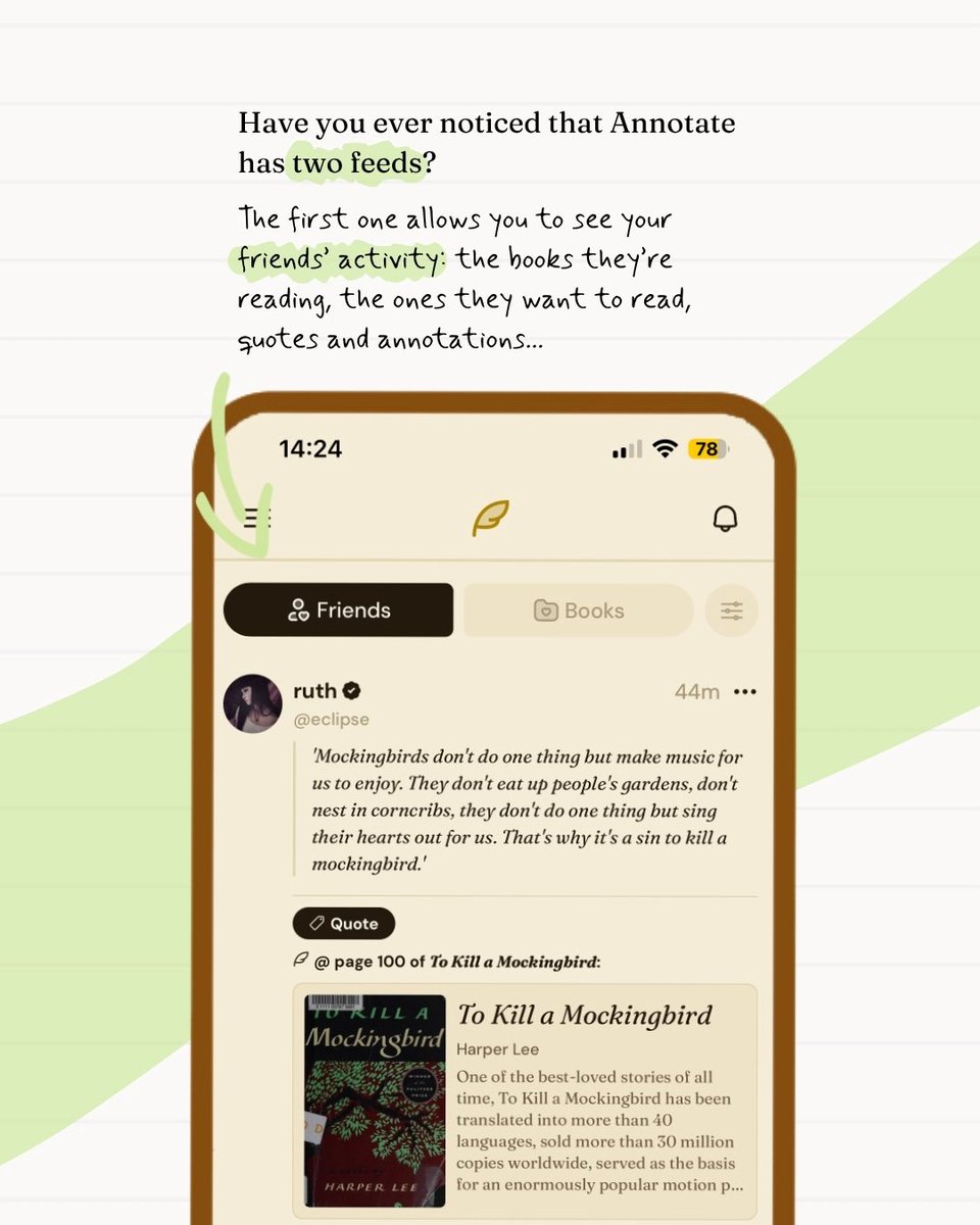 tryannotate's tweet photo. Have you ever noticed that Annotate has two feeds? 
One allows you to check up on your friends and their current reads, the other lets you see quotes and annotations about books in your folders!

#booktwt https://t.co/ddAIaykVYO