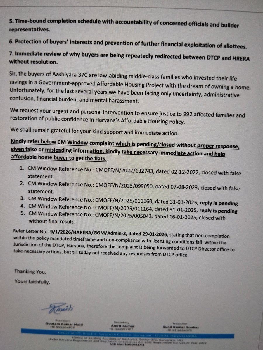 GoutamM41686321's tweet photo. For the past several years, we have repeatedly submitted genuine complaints on the Haryana CM Window Portal regarding our Affordable Housing Project Aashiyara 37C, Gurugram. Unfortunately, the replies from DTCP Gurugram contain incorrect and misleading statements. We have pointed out these inaccuracies multiple times, yet the same false replies are repeated without verification or corrective action.

If complaints are closed with copy-paste responses instead of proper investigation, public trust in the grievance redressal system is seriously damaged. We respectfully request the Hon'ble Chief Minister, PMO India, CMO Haryana, DC Gurugram, DTCP Haryana, and HARERA Gurugram to order an independent review of our complaints, fix accountability for false replies, and ensure that CM Window serves its true purpose of delivering justice to citizens. We also request all news channels in Delhi NCR and Gurugram, along with the Twitter/X accounts of Bharatiya Janata Party (@BJP4India), the Hon'ble Prime Minister (@narendramodi), the Chief Minister of Haryana (@cmohry), the Deputy Commissioner, Gurugram (@dc_gurugram), the Twitter/X account of Haryana Gurugram, DTCP Haryana (@DTCPHaryana), and the official Twitter/X account of Affordable Housing Project Haryana, to highlight this issue and help bring attention to the matter on Twitter/X and through our Twitter account.

#CMWindow #Haryana #Gurugram #DTCP #DTCPHaryana #HARERA #HARERAGurugram #PMOIndia #CMOHaryana #DCGurugram #AffordableHousing #Aashiyara37C #JusticeForHomeBuyers #DelhiNCR #NewsChannels #Twitter #TwitterAccount