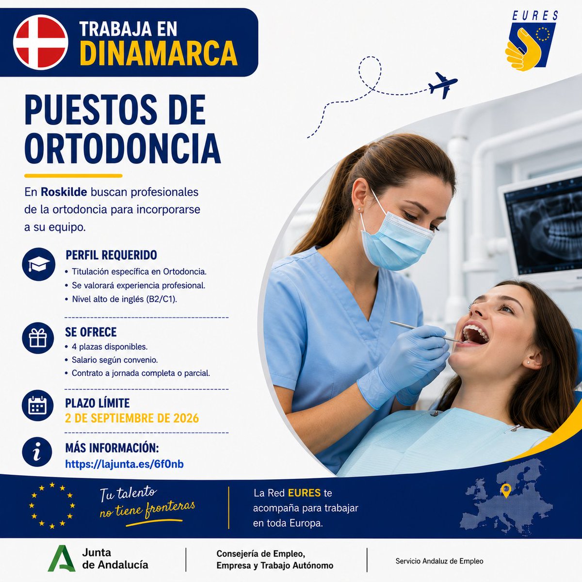 SAEmpleo's tweet photo. 🇩🇰 ¿Eres #ortodoncista y buscas una oportunidad en #Dinamarca?
EURES ofrece 4 plazas en Roskilde
Se requiere formación específica, inglés B2/C1 y se valora experiencia.
Contratos a tiempo completo o parcial
📅 Hasta el 2/09
Más información ℹ️ https://t.co/k0ZGHIzg1j https://t.co/to49j2NbY6