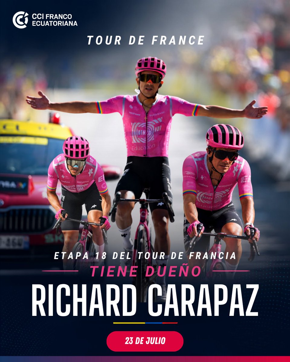 CamFrancoEcuato's tweet photo. 🚴♂️🇪🇨 ¡Richard Carapaz vuelve a hacer historia en Francia! 🇫🇷
Desde la #CCIFEC celebramos su victoria en la etapa 18 del Tour de France. Su esfuerzo y disciplina llevan nuevamente al Ecuador a lo más alto del ciclismo mundial.
#RichardCarapaz #OrgulloEcuatoriano https://t.co/ZBOKOyafhO