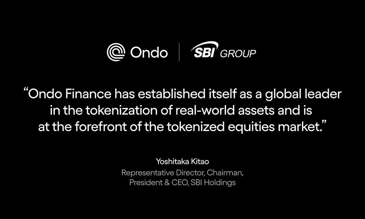 Ondo's tweet photo. Tokenization is coming to Japan 🇯🇵

ICYMI: Ondo is partnering with SBI Group, one of Japan's leading financial institutions, to bring Japanese assets onchain.

SBI Holdings CEO Yoshitaka Kitao on Ondo's position in tokenization ↓ https://t.co/zu4GI5keSI