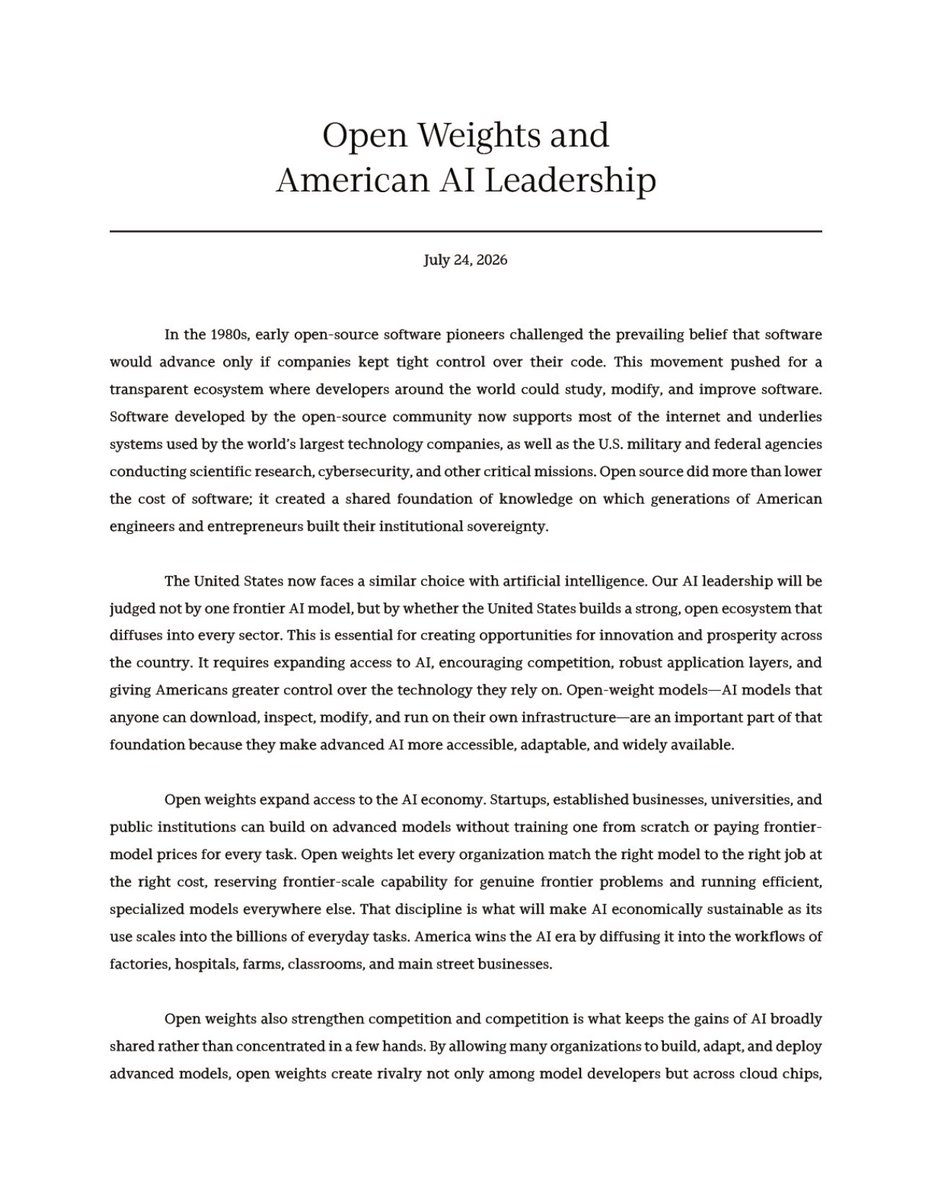 TextPingAI's tweet photo. Open Weights & American AI Leadership (July 24)
Coalition of Meta, Microsoft, NVIDIA, Hugging Face, a16z & others: Open-weight models are essential for U.S. AI leadership — just like open source was for software. They expand access, fuel competition, give users control, and improve safety through transparency. Don’t ban distillation or open weights; use targeted rules instead. America should lead this future.

@elonmusk @JensenHuang
