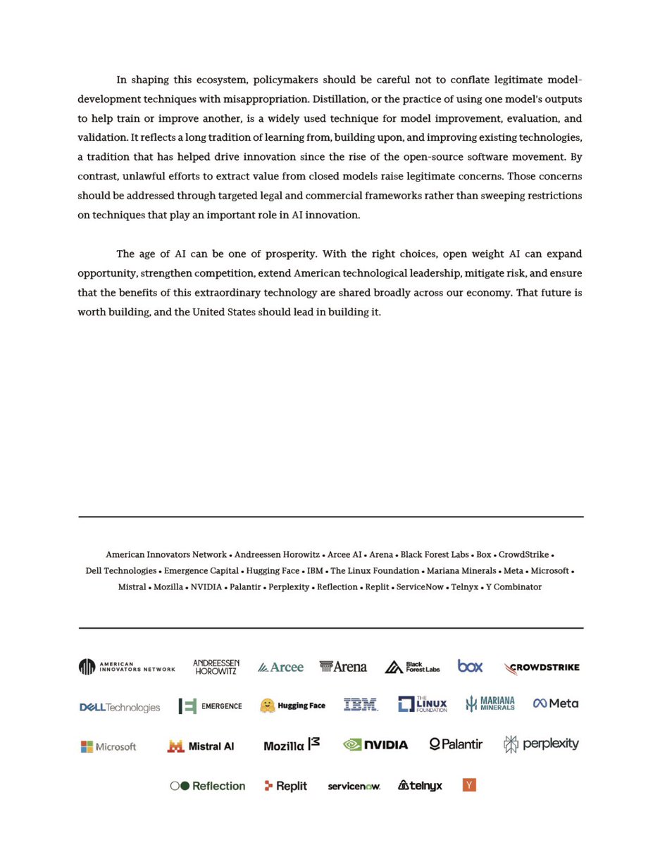 TextPingAI's tweet photo. Open Weights & American AI Leadership (July 24)
Coalition of Meta, Microsoft, NVIDIA, Hugging Face, a16z & others: Open-weight models are essential for U.S. AI leadership — just like open source was for software. They expand access, fuel competition, give users control, and improve safety through transparency. Don’t ban distillation or open weights; use targeted rules instead. America should lead this future.

@elonmusk @JensenHuang
