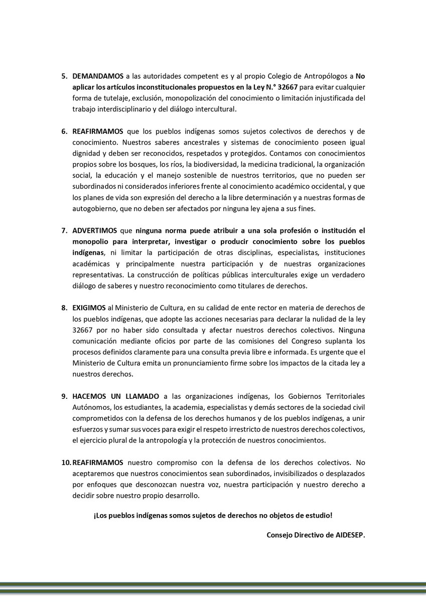 aidesep_org's tweet photo. Pronunciamiento: Rechazamos la inconsulta Ley n.° 32667 y advertimos de su impacto en los derechos indígenas.
La promulgación de la Ley N.° 32667 modifica la Ley de Creación del Colegio Profesional de Antropólogos del Perú, agregando dos artículos que vulneran nuestros derechos. https://t.co/tOyYWRRbyC