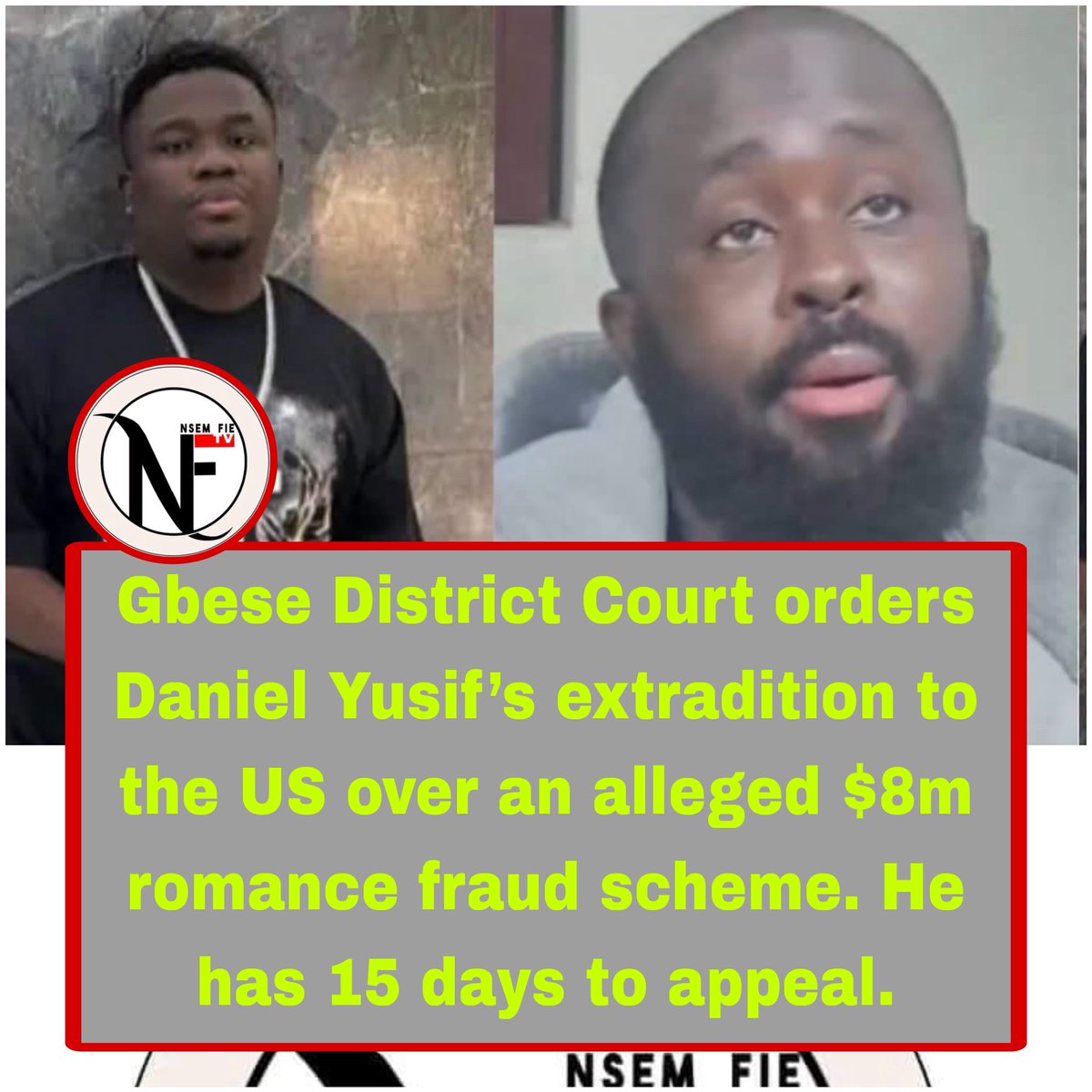 nsemfietv's tweet photo. Gbese District Court orders Daniel Yusif, alleged Abu Trica co-conspirator, extradited to the U.S. over an alleged $8m romance fraud and money-laundering scheme. He has 15 days to appeal.
#AbuTrica #GhanaNews #RomanceScam #Fraud #NsemFieTv https://t.co/5odCPyWh0v