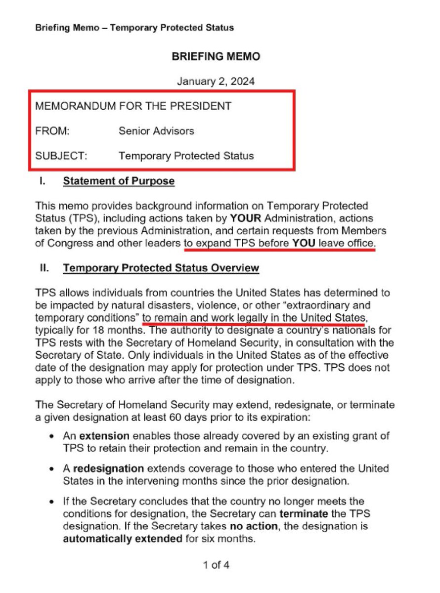 Real_RobN's tweet photo. 🚨🚨 Newly obtained internal presidential memorandum from the Biden-Harris Terrorist Administration (BHTA) released by @SenEricSchmitt

CONFIRMS: Biden’s senior advisors advised the incapacitated vegetable to block President Trump’s deportation of 3.1 MILLION illegal aliens—including Tren de Aragua members—through “Temporary” Protected Status (TPS) extensions, redesignations, and new designations before January 20, specifically to shield illegal aliens, including Tren de Aragua members, from “Trump’s planned mass deportations.”