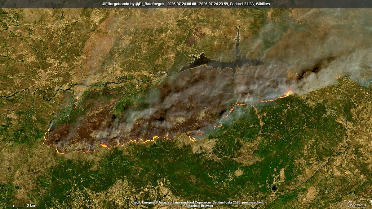 El_Batefuegos's tweet photo. Imágenes del #Sentinel2 de @CopernicusEMS en los canales #WildFires y #SWIR que nos muestran la magnitud y el daño provocados por el #IFBurgohondo en #Ávila y el #IFSierraOeste en #Madrid
La superficie afectada según los datos satelitales podría superar las 10.000 Ha para el de Avila y 6000 Ha para el de Madrid
Datos estimados pendientes de verificar y valorar