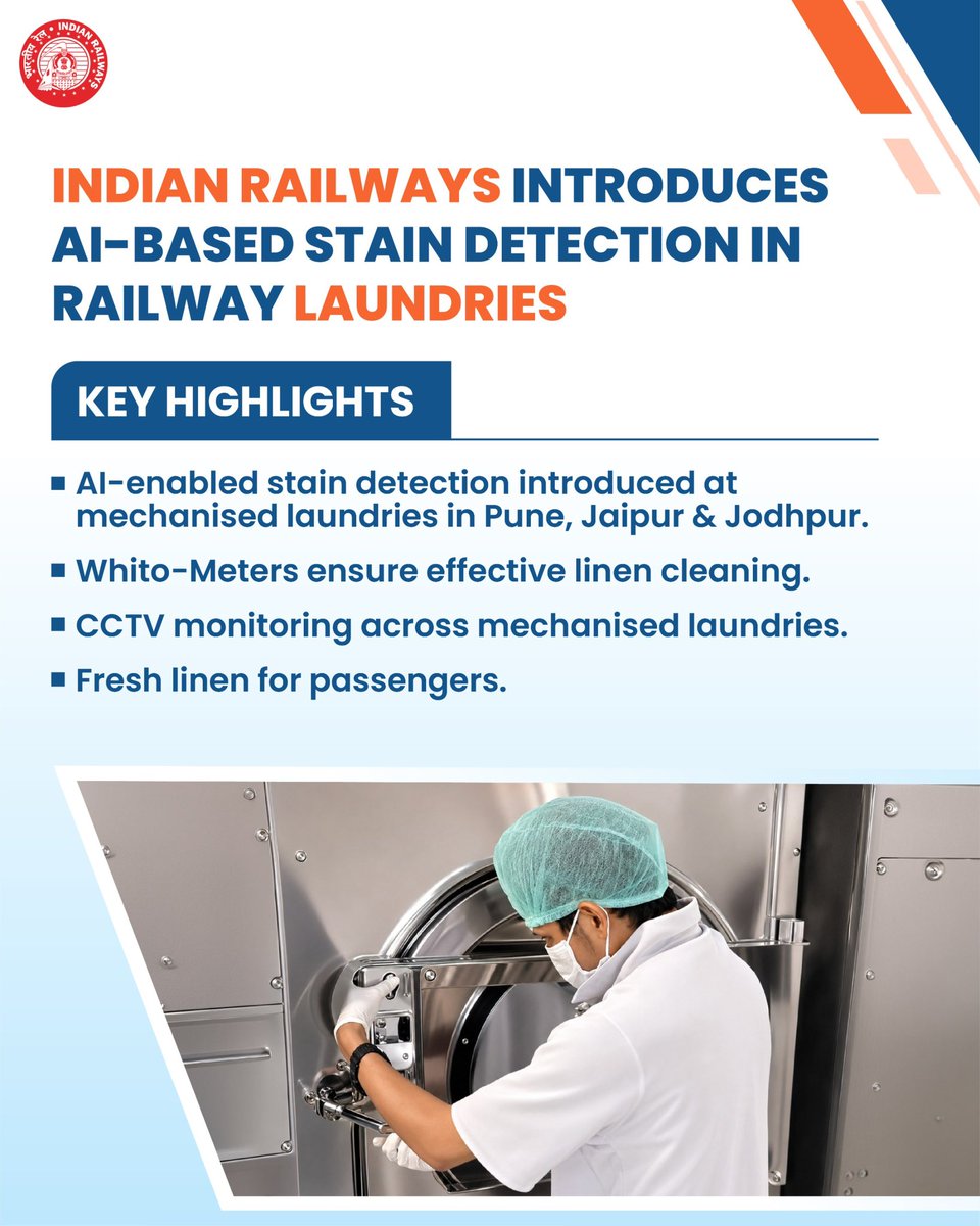 RailMinIndia's tweet photo. Indian Railways Introduces AI-Based Stain Detection Pilot Projects in Railway Laundries to Enhance the Quality of Washed Linen.

Read more : https://t.co/0VGNxu84Hu https://t.co/iGIj2IH2OK