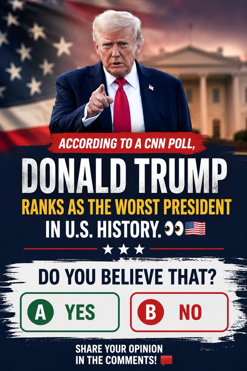 sareenfrank's tweet photo. Do you think Donald Trump will rank among the worst presidents in history?
🅰️ Yes
🅱️ No https://t.co/TlWnZvEUHU