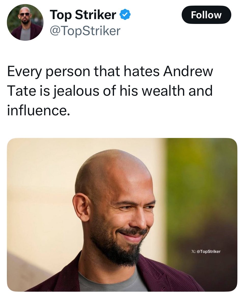 AndyPlumb4's tweet photo. Every person that likes Andrew Tate is a nonce, rape and human trafficking apologist. https://t.co/fIy0kjjifw