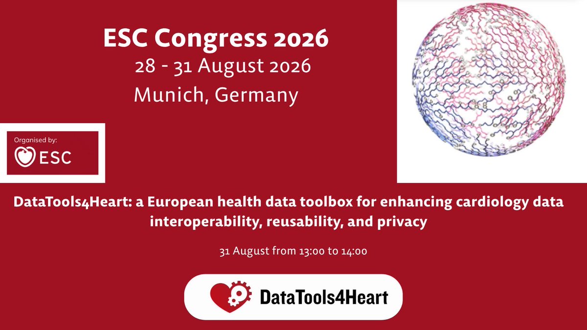 DataTools4Heart's tweet photo. DataTools4Heart heads to #ESCCongress2026! Join our Special Session on 31 Aug, 13:00-14:00 (Munich) on data harmonisation, CardioSynth and federated learning for interoperable, privacy-preserving cardiology research. #DigitalHealth #FederatedLearning https://t.co/lCpzbtGFmT