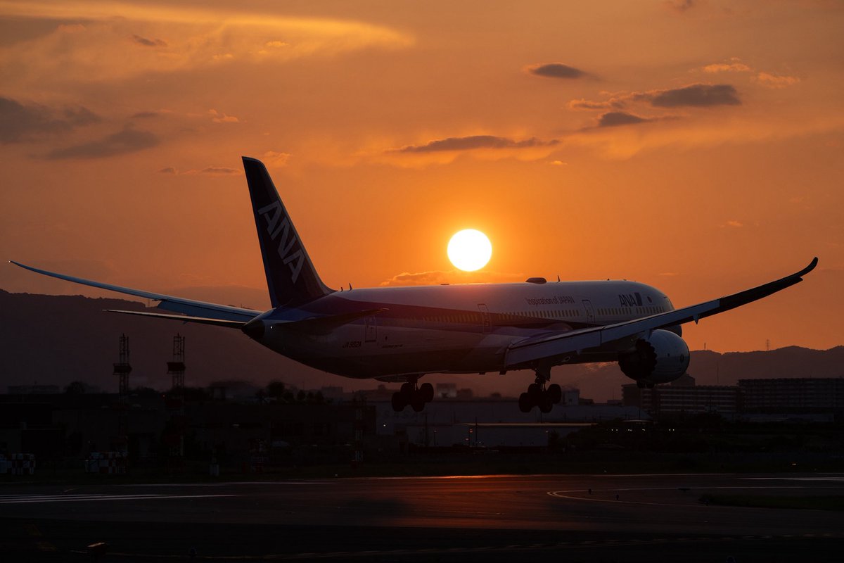 fly_skyblue789's tweet photo. 2026/07/24
All Nippon Airways
Boeing 787-10 JA982A
Osaka Int’l Airport  ITM/RJOO

羽田のダイヤが乱れる中、定時で降りてきた78X
久しぶりに夕日と絡む写真を撮りました。 https://t.co/tTk7A1z1I2