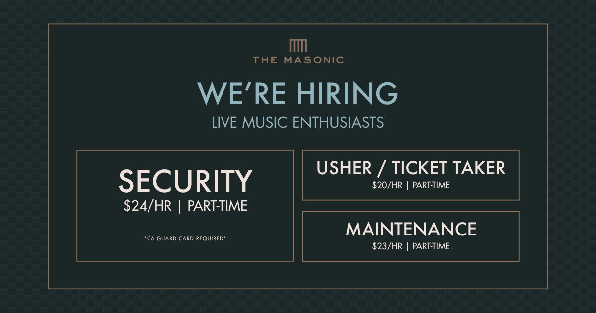 sfmasonic's tweet photo. Come work with us at The Masonic! Apply today at https://t.co/oVD7bS7sXu https://t.co/ydjcwHsnZa