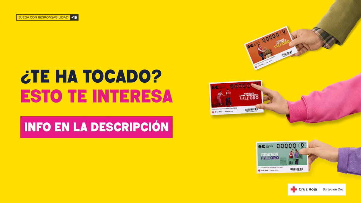 sorteodeoro's tweet photo. ¿Te ha tocado algún premio de Sorteo de Oro 2026? ​🤭​

🎉​ ¡¡Enhorabuena!! 🎉​

Puedes cobrar tu premio en las Oficinas de Cruz Roja o en las informatizadas de Correos . Tienes 90 días desde el Sorteo para hacerlo. 
Más info  👉​https://t.co/qW4hKwll1m https://t.co/msOw8Z3D3k
