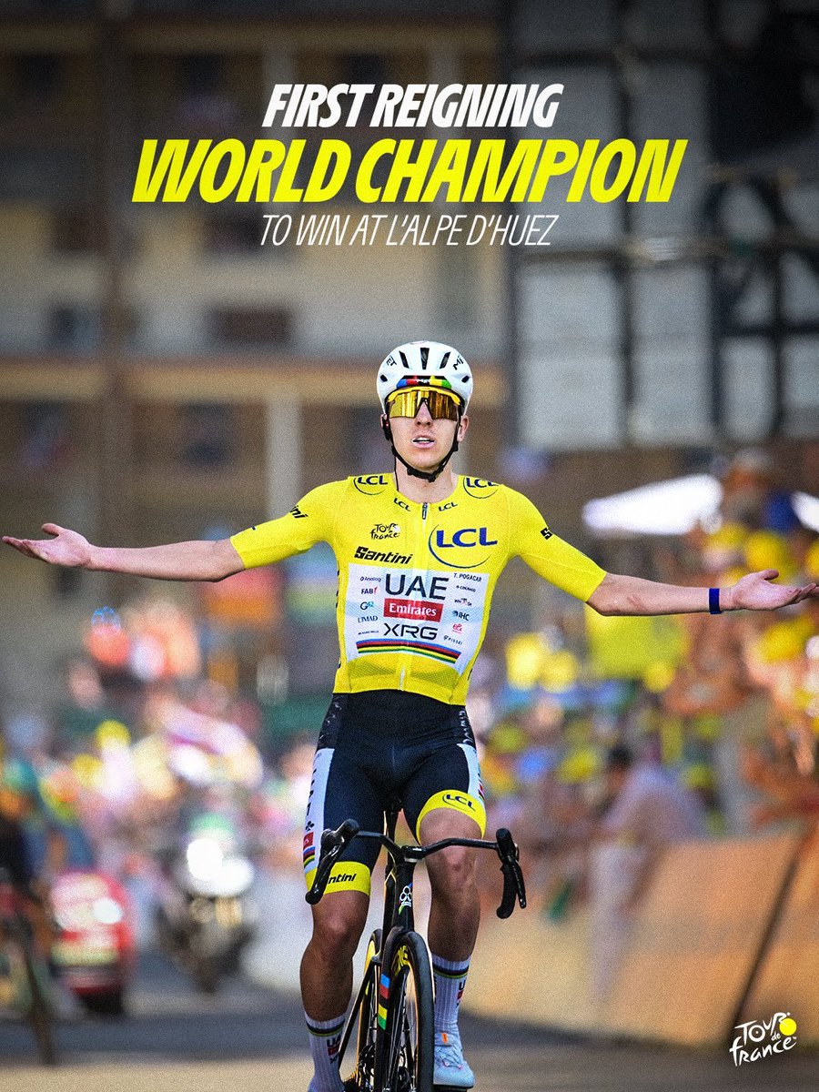 SpheraSports's tweet photo. Tadej Pogacar es INEVITABLE. El ciclista esloveno vence en el mítico Alpe d'Huez y pulveriza el récord de ascensión que tenía Marco Pantani desde 1995. https://t.co/FQ0PHdrRPH
