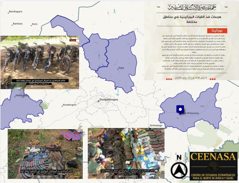 CEENASA396971's tweet photo. 🇧🇫 #BURKINA FASO 🇧🇫
On Tuesday July the 23rd, JNIM claimed six successfull attacks, on #Dedougou, #Kaya, #Fada'N Gourma, #Loroum and #Bam regions. A total of 19 militians or army member were killed.
Were seized:
- Numerous motorcycles
- Several machine guns
- other equipment https://t.co/K0pqMU9i2T