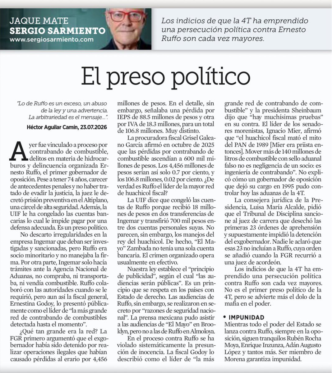 JLozanoA's tweet photo. ⚠️ Muy buen análisis de @SergioSarmiento en @Reforma sobre el caso #ErnestoRuffo. Le entiende mejor que muchos abogados. Y exhibe la perversidad del régimen: a los adversarios les pueden inventar delitos. A los suyos, protección e impunidad. 

#MoreNarcoPartido https://t.co/86ypBsJkxM