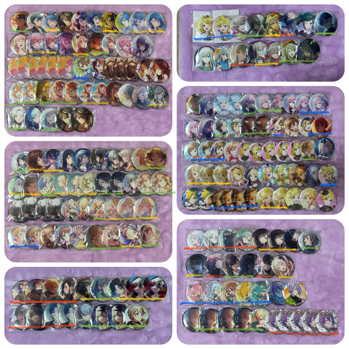 mirai_0852's tweet photo. プロセカ エピカ 交換
箔押し

求）23A類＞28CKAITO＞27C司、類、寧々＞画像3斜線なしえむ

譲）引用元画像および画像1
（缶バッジ🟥以外）

エピカ
青線は類、司
赤線は同種のえむのみ

缶バ
線あり司類交換含むのみ

よろしくお願いします。 https://t.co/ryLdAeTjmM