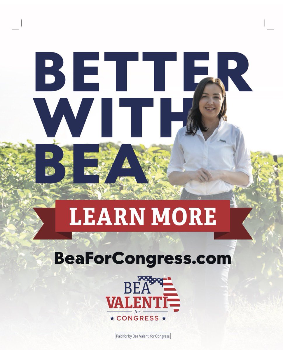 BeaForCongress's tweet photo. FL-14 will be #BetterwithBea

If you believe in making Hillsborough County affordable, keeping agriculture local, and making government TRANSPARENT. I am the fighter you want representing you in Washington. It’s time for generational change. 

Experience matters. Send someone ready on Day One. Vote Bea Valenti on August 18th. 🇺🇸