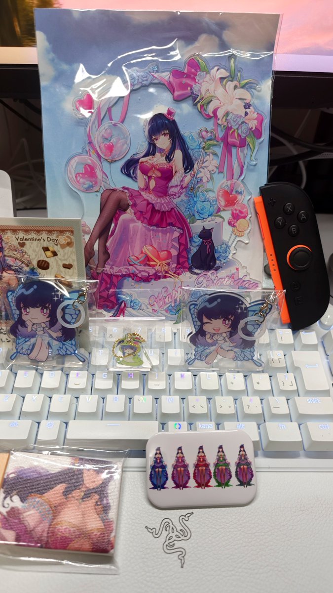 kanisora's tweet photo. のあーるさん( @NoirAsmr )の海の日福袋がとどきました
色々入ってて可愛い！
…可愛いんですが、でっかいアクスタとちっちゃなアクキーのサイズ差がありすぎて見え方おかしくなっちゃう！
サイズ比較用にSwitch2ジョイコン置いてみましたがやっぱりデカい https://t.co/Cq03JUakv1