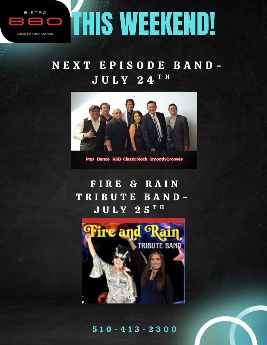 DoubleTreenwkfr's tweet photo. Playing at our Bistro 880 Bar this weekend:
Next Episode Band
7/24/26 from 9 PM โ 1 AM
Fire and Rain Tribute Band
7/25/26 from 9 PM โ 1 AM
#bistro880 #fridaynight #saturdaynight #theweekend #dancing #bands https://t.co/5QQaWbAa8R