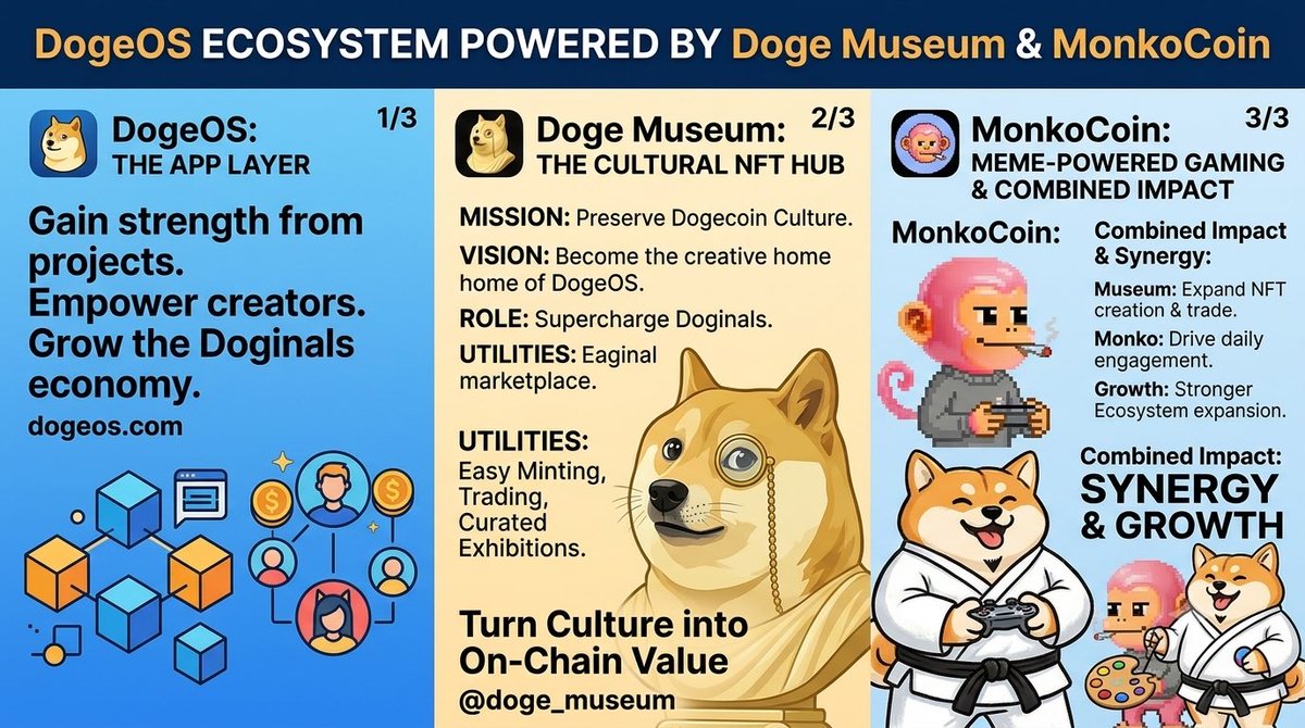 AmCharmy's tweet photo. @Doge_Museum &amp; @MonkoCoin Powering @DogeOS 
@DogeOS , the app layer for Dogecoin by MyDoge founders, gains strength from projects like Doge Museum (NFT hub) and MonkoCoin (gaming). They empower creators, boost engagement, and grow the Doginals economy. https://t.co/L5ClRd4ZvN https://t.co/GsXy3PurZU