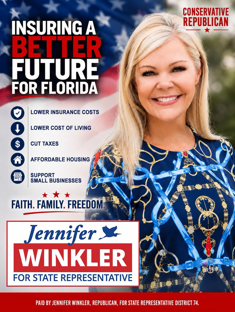 JWforflorida's tweet photo. Florida families deserve representatives who listen, lead, and deliver practical solutions.
Jennifer Winkler is ready to serve District 74 with conservative leadership focused on the issues that matter most. https://t.co/kFm48FZeRX