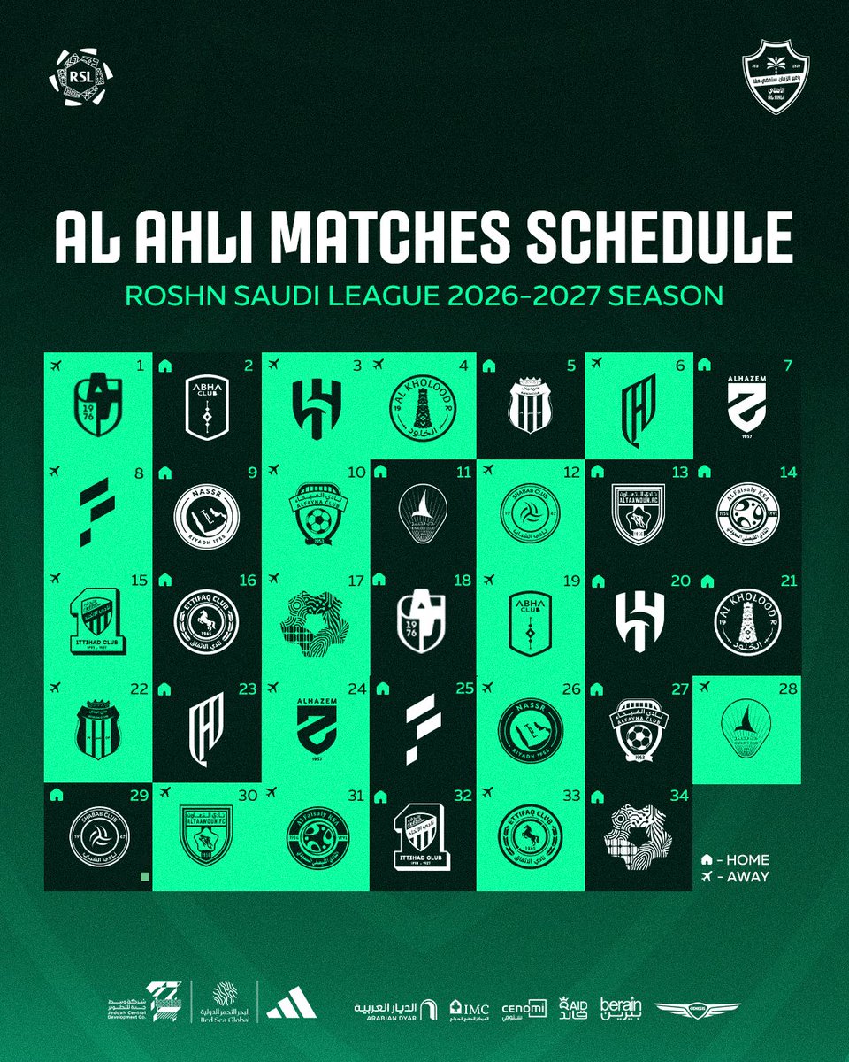 ALAHLI_FCEN's tweet photo. Al Ahli’s #RoshnSaudiLeague 2026 - 2027 fixtures are here 🟢🗓

#AlAhli https://t.co/mYDgx4Esd6