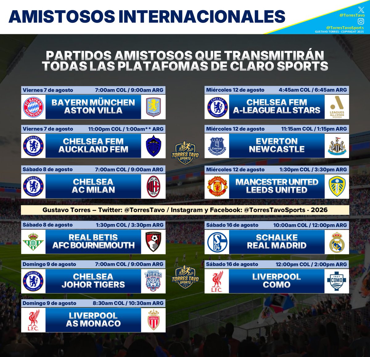 TorresTavo's tweet photo. Claro Sports transmitirá 27 amistosos de clubes Europeos. Aquí están los partidos y horarios de cada encuentro.

Cada partido se podrá ver en los canales lineales y en el canal de YouTube de @ClaroSports. https://t.co/PeCYyC4WEQ