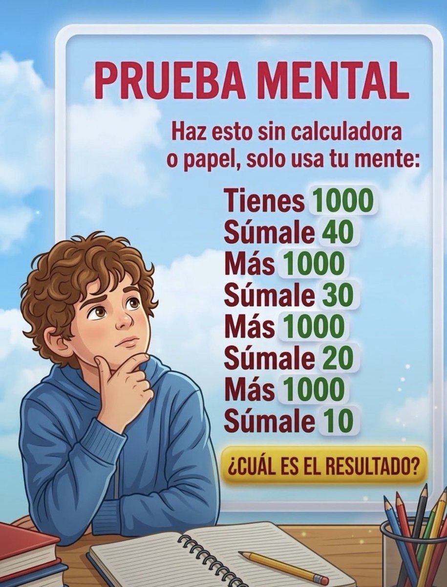 RecopilationNet's tweet photo. PRUEBA MENTAL

Haz esto sin calculadora o papel, solo usa tu mente:

Tienes 1000
Súmale 40
Más 1000
Súmale 30
Más 1000
Súmale 20
Más 1000
Súmale 10

¿CUÁL ES EL RESULTADO? https://t.co/dtQta59bVW