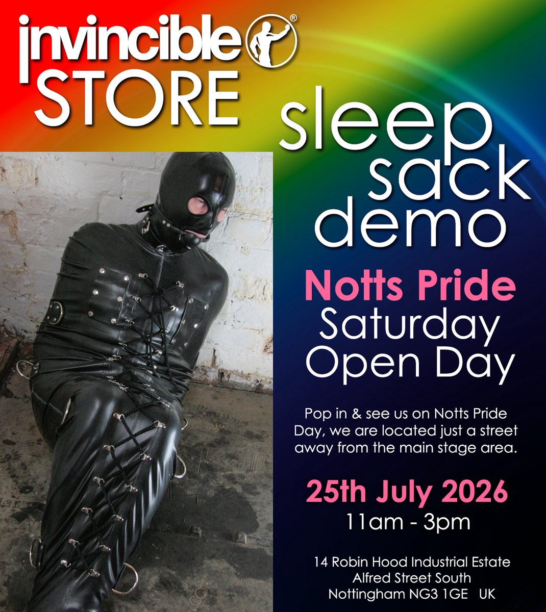 invinciblerubbr's tweet photo. 🌈 Notts Pride Saturday = Invincible Store Open Day! 🌈

If you’re heading to Notts Pride, make sure you stop by the Invincible Rubber Store, just a street away from the main stage.

🔥 Live VAC Cube demonstrations
🛏️ Live Sleep Sack demonstrations
👕 Browse our latest Ready to Ship collection
📏 Made-to-measure fittings available
👋 Meet the team and discover handmade UK rubber gear

📅 Saturday 25th July
🕚 11am - 3pm
📍 14 Robin Hood Industrial Estate, Alfred Street South, Nottingham NG3 1GE

Whether you’re curious, looking for your next outfit, or just fancy seeing the demos in action, we’d love to see you.

https://t.co/loQdbMxmh3

#NottsPride #InvincibleRubber #Latex #RubberGear #Nottingham