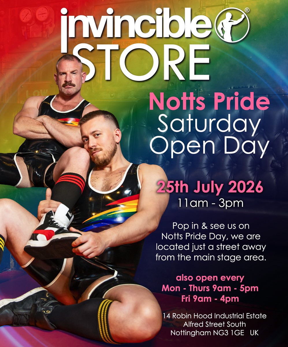 invinciblerubbr's tweet photo. 🌈 Notts Pride Saturday = Invincible Store Open Day! 🌈

If you’re heading to Notts Pride, make sure you stop by the Invincible Rubber Store, just a street away from the main stage.

🔥 Live VAC Cube demonstrations
🛏️ Live Sleep Sack demonstrations
👕 Browse our latest Ready to Ship collection
📏 Made-to-measure fittings available
👋 Meet the team and discover handmade UK rubber gear

📅 Saturday 25th July
🕚 11am - 3pm
📍 14 Robin Hood Industrial Estate, Alfred Street South, Nottingham NG3 1GE

Whether you’re curious, looking for your next outfit, or just fancy seeing the demos in action, we’d love to see you.

https://t.co/loQdbMxmh3

#NottsPride #InvincibleRubber #Latex #RubberGear #Nottingham