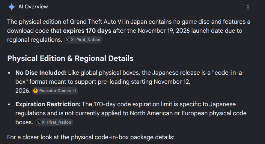 rollingnachos40's tweet photo. I got some sad news for gamers in Japan about GTA 6
The physical Editions code expires after 170 days and if you buy it after that the code wont work there limited runs. this would not be a issue if rock start and Take two just made the Disc of the game. #Gta6 #News #PS5 #Gaming https://t.co/HNIFONODHo