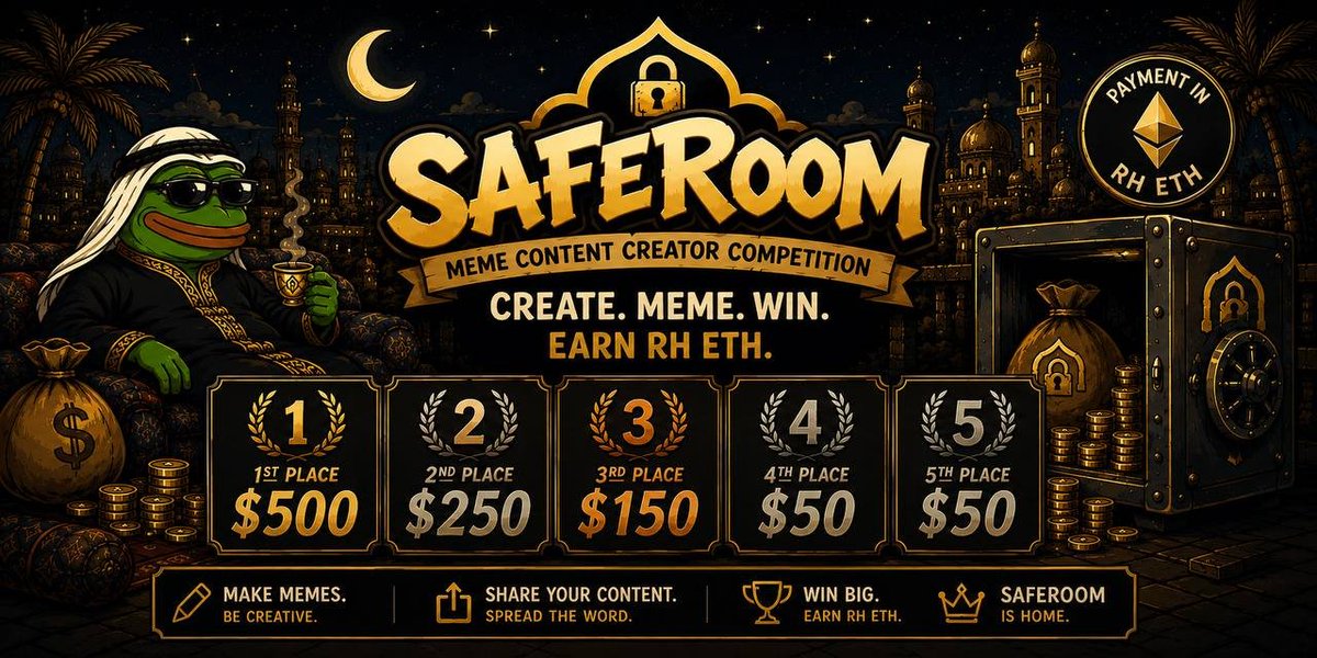 SafeRoomHQ's tweet photo. 🎉$ROOM COMMUNITY CONTEST🎉

We’re giving away $1,000 in RH ETH to 5 lucky winners! 🏆

🏆 1st Place: $500
🥈 2nd Place: $250
🥉 3rd Place: $150
🎖 4th Place: $50
🎖 5th Place: $50

⏳ Duration: 7 Days

HOW TO ENTER 👇

🎥 Drop your best entry video, drawing, meme, or creative contents about the project.
📌 Make sure you tag our official Twitter/X account in your entry so we can find it!

To qualify, you must also:

✅ Follow @SafeRoomHQ 
✅ Join our Telegram community
✅ Tag 3 friends under the contest post
✅ Stay active and engage with the community

🔥 Be creative. Be original. Be active.

The best entries will have a chance to win a share of $1,000 in RH ETH! 💰

Let the creativity begin! 🚀
#Robinhood #Robinhoodchain #ETH  #crypto #memecoin #contest
