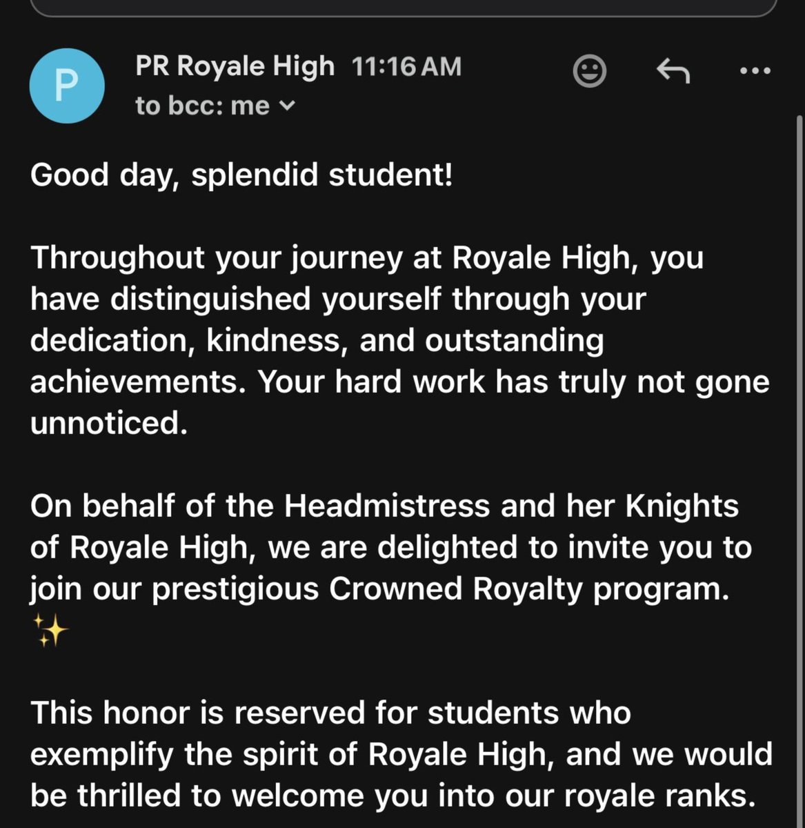 ROYALEFEEDBACK's tweet photo. EMAILS WERE SENT TO THE NEW CROWNED ROYALTY BADGE HOLDERS OMG??!!

Credits to @DRainbow655 for the photo! https://t.co/Tfmo3WViLk