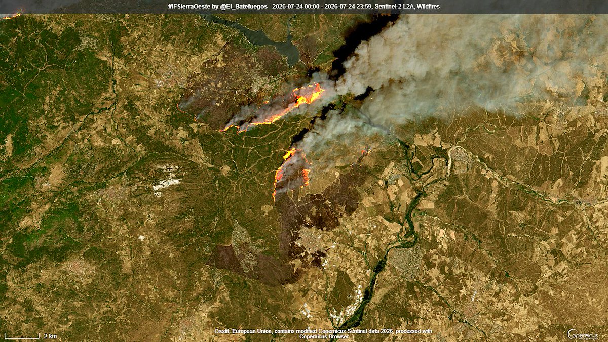 El_Batefuegos's tweet photo. Imágenes del #Sentinel2 de @CopernicusEMS en los canales #WildFires y #SWIR que nos muestran la magnitud y el daño provocados por el #IFBurgohondo en #Ávila y el #IFSierraOeste en #Madrid
La superficie afectada según los datos satelitales podría superar las 10.000 Ha para el de Avila y 6000 Ha para el de Madrid
Datos estimados pendientes de verificar y valorar