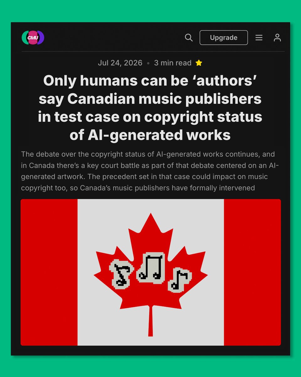 ChrisUnLimited's tweet photo. So, should AI-generated works be protected by copyright? That debate is happening in various forums around the world, including this interesting case in the Canadian courts in which the music publishers have just intervened. Read my CMU report on that here: https://t.co/LpTMNMO32N

No AI was involved in writing this post, by the way, just good old fashioned human 'creativity', so it's definitely protected by copyright.