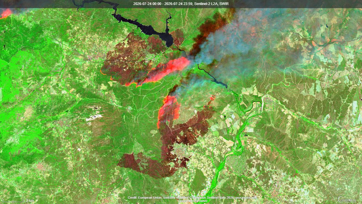 El_Batefuegos's tweet photo. Imágenes del #Sentinel2 de @CopernicusEMS en los canales #WildFires y #SWIR que nos muestran la magnitud y el daño provocados por el #IFBurgohondo en #Ávila y el #IFSierraOeste en #Madrid
La superficie afectada según los datos satelitales podría superar las 10.000 Ha para el de Avila y 6000 Ha para el de Madrid
Datos estimados pendientes de verificar y valorar