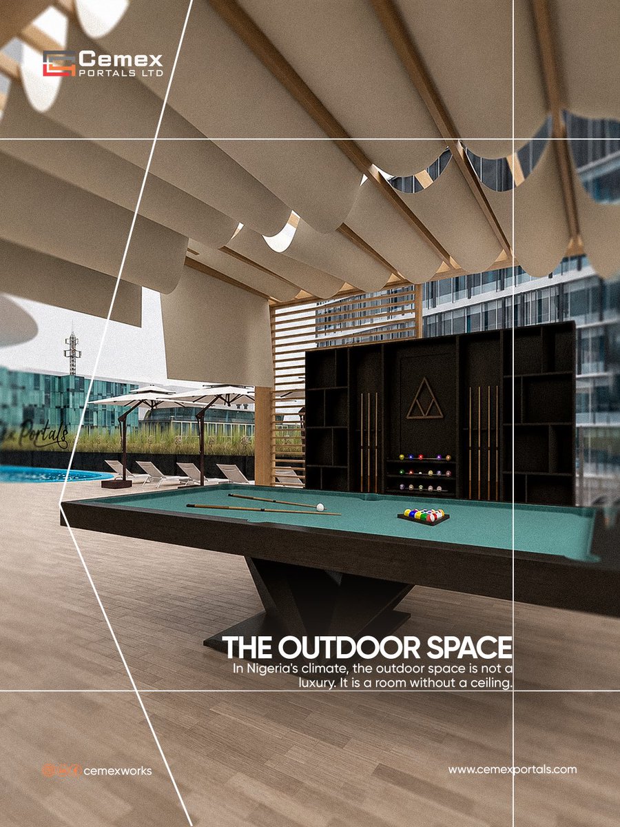 CemexPortals's tweet photo. Lagos has 12 months of viable outdoor living.

Yet most homes in Nigeria treat the outdoor space as leftover, the area that is not inside.

At Cemex Portals, we design outdoor spaces as destination rooms: for relaxation, for entertaining, for breathing.

#spacesspotlight https://t.co/nsvTJU3Urw