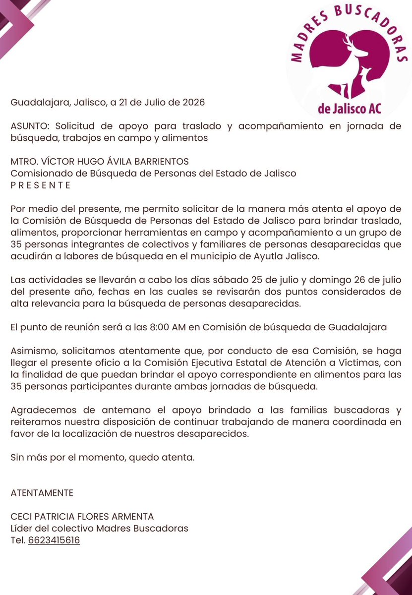 CeciPatriciaF's tweet photo. En Jalisco fue localizado un crematorio clandestino de gran magnitud con numerosos restos humanos calcinados. Una vez más, son las familias y los colectivos quienes realizamos  el trabajo que le corresponde al Estado.

Las Madres Buscadoras de Jalisco estamos desesperadas. No estamos pidiendo privilegios; estamos exigiendo el cumplimiento de una obligación legal y humana.

Ingresamos un oficio solicitando el acompañamiento de la Comisión de Búsqueda y la respuesta fue negarnos el apoyo. Resulta inconcebible que la institución creada para atender a las víctimas y apoyar las labores de búsqueda hoy nos dé la espalda cuando más la necesitamos.

¿Qué más esperan de nosotras? Ya hicimos el trabajo de localizar el sitio. Lo único que solicitamos es acompañamiento y traslado para poder llegar al lugar y continuar con la recuperación de los restos. No contamos con vehículos, no contamos con recursos económicos y, una vez más, tampoco contamos con el respaldo del gobierno.

Entonces, ¿a quién debemos acudir? ¿Quién se hará responsable de rescatar esos restos humanos? ¿O la respuesta será seguir abandonados, como durante años se ha abandonado a las familias que buscan a sus seres queridos?

Hacemos un llamado urgente a las autoridades competentes para que dejen de obstaculizar las búsquedas y asuman la responsabilidad que les corresponde. Las víctimas no pueden seguir enfrentando solas esta crisis humanitaria.

Buscar no debería ser una condena para las familias. Buscar es un derecho. Acompañar es una obligación del Estado.@PabloLemusN @Claudiashein