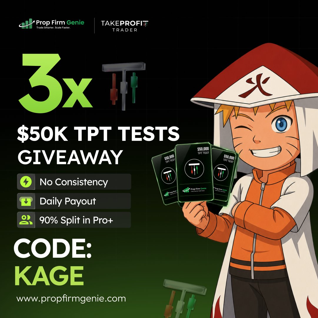 tradekage's tweet photo. 🎉 GIVEAWAY TIME! 🎉

We're giving away 3x $50K Take Profit Trader Tests 🚀

Trade with:
✅ No Consistency Rule
✅ Daily Payouts
✅ 90% Profit Split (Pro+)

How to Enter:
1️⃣ Follow @tradekage & @propfirmgenie
2️⃣ ❤️ Like & 🔁 Repost this post
3️⃣ Tag 2 traders below and comment - 'KAGE'

3 winners will be chosen on Monday 7/27/26 at NY Open - 9:30 AM EST. 

Good luck! 🍀