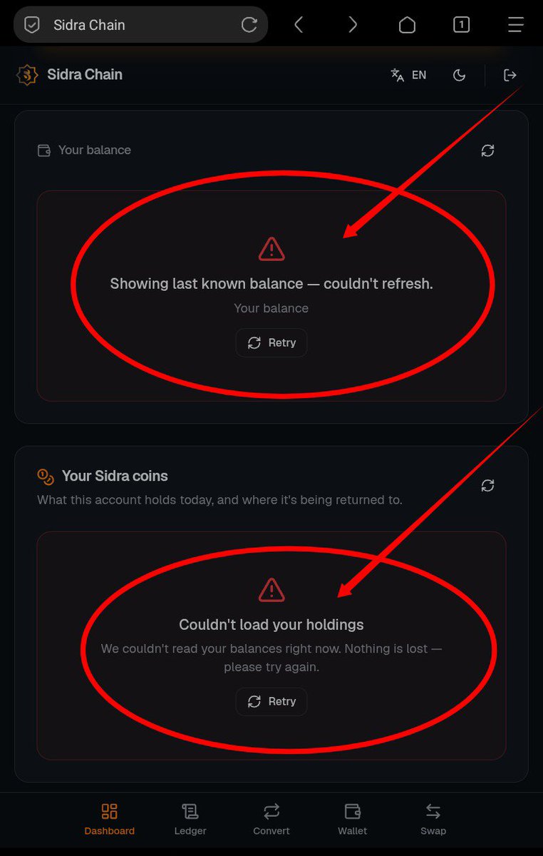 sidra_hub's tweet photo. 📢 SIDRA COMMUNITY UPDATE

If you're seeing messages like "Couldn't load your holdings" or "Showing last known balance — couldn't refresh," don't panic.

Temporary errors can occur while services are being updated or due to server load.

 Stay calm.  Avoid fake websites

#Sidra https://t.co/9XwIxMkMYv