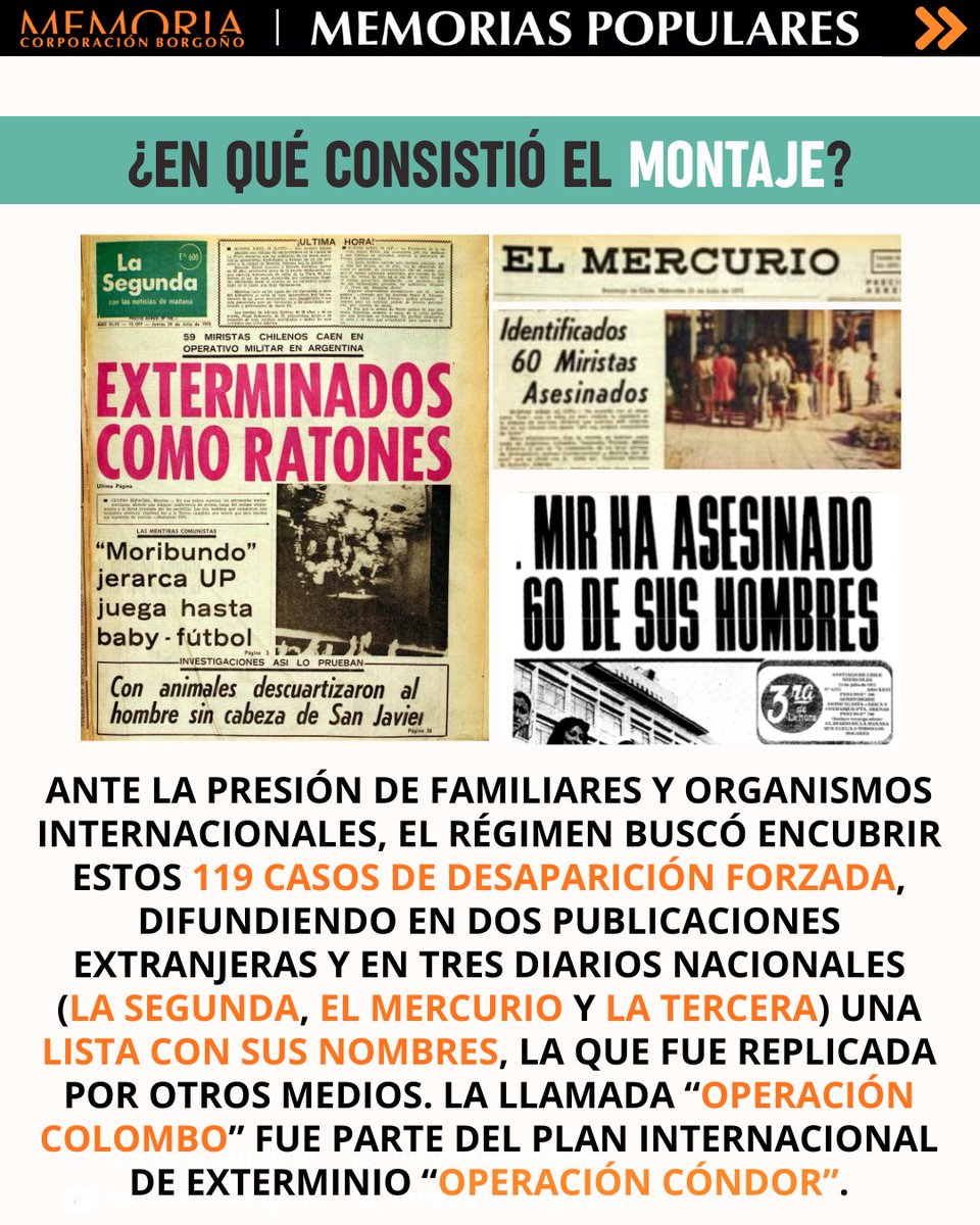 MemoriaBorgono's tweet photo. 🟠 A 51 años de la Operación Colombo: un montaje comunicacional a nivel internacional para encubrir la desaparición forzada de 119 hombres y mujeres durante la dictadura civil-militar de Chile.
¡SEGUIMOS EXIGIENDO VERDAD Y JUSTICIA! https://t.co/53WGU8hHkj