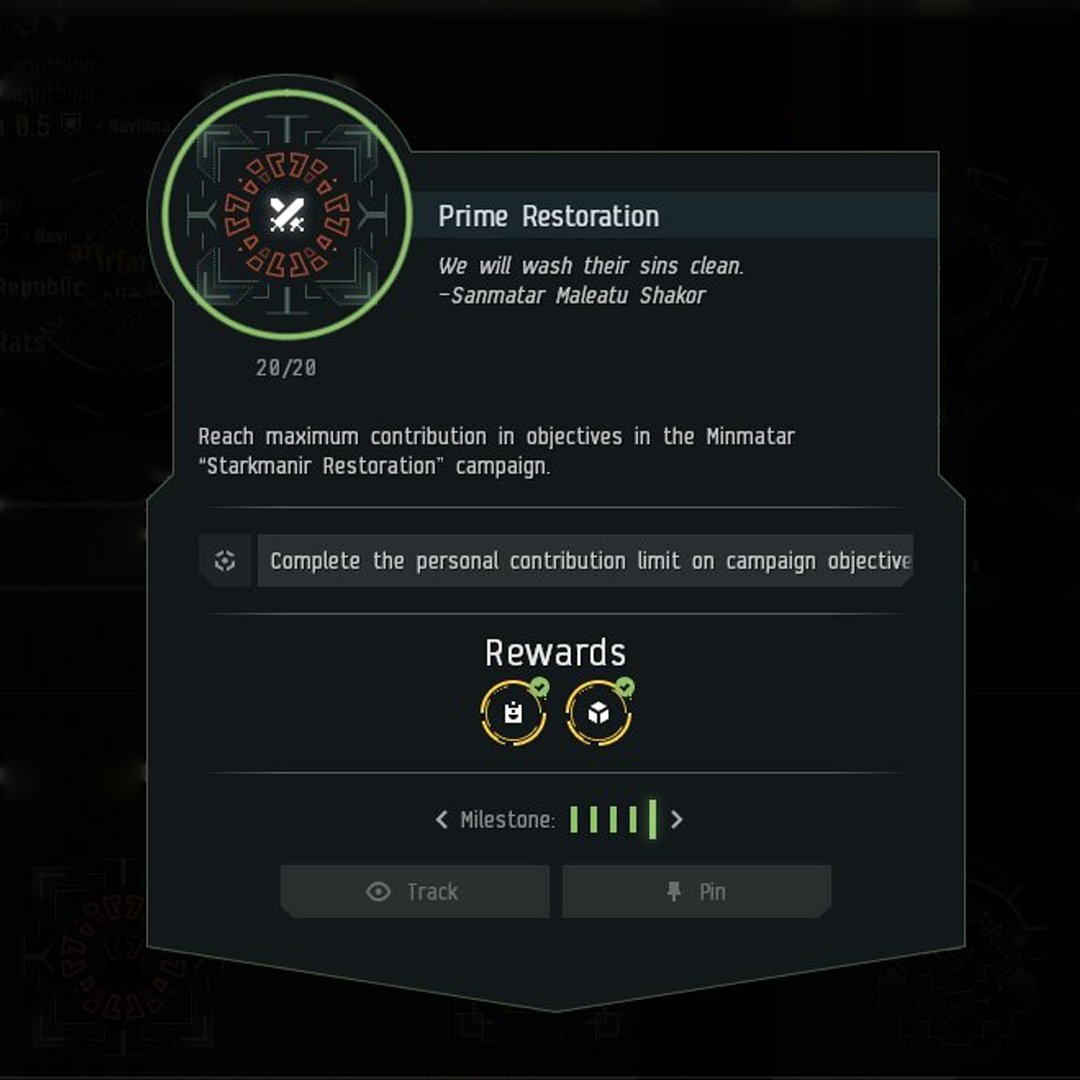 EveOnline's tweet photo. A Starkman Legend rises. Congratulations to Bixtarqi, the first capsuleer to reach maximum personal contribution in the Minmatar Starkmanir Restoration campaign, earning the Prime Restoration achievement. https://t.co/z2hhC6QXB6